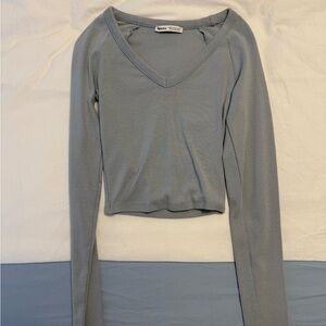 Bershka Light Blue Long Sleeve V-Neck Top